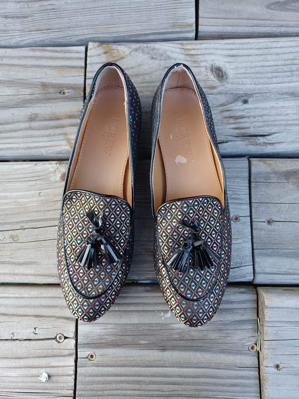 J. Crew E1345 Black Iridescent Tassel Loafers Size 6